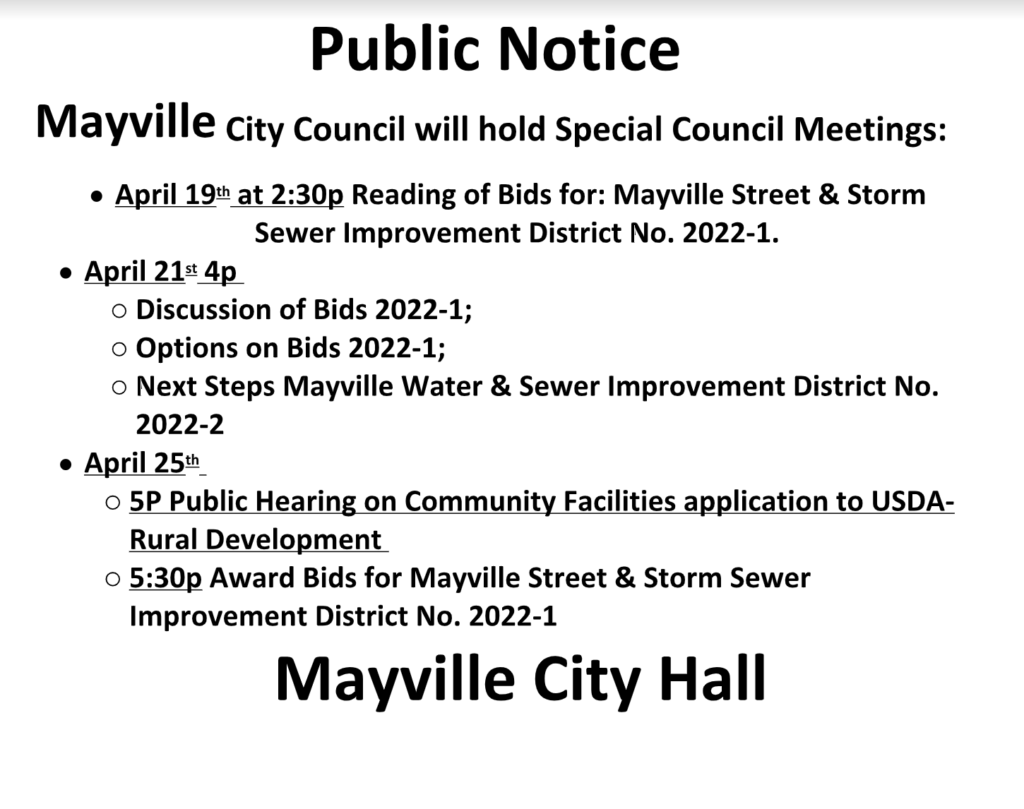 Mayville City Council Special Meeting - see image @ Mayville City Hall